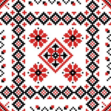 Ukrayna nakış deseni. Etnik soyut figürlerle geleneksel Slav sınırının kusursuz bir baskısı. Vektör Ukrayna kumaş motif dokusu. Çiçek motifli süs nakış tasarımı