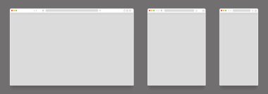 Tarayıcı modelleri. Boş bilgisayar tableti ve mobil web sayfası şablonları, farklı cihazlardaki boş web sitesi çerçeveleri. Vektör tarayıcı penceresi ayarlandı. Dizüstü bilgisayar, akıllı telefon gibi çeşitli izole cihazlar.