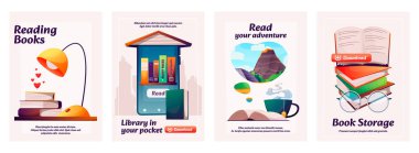 Book reading posters. Cartoon covers with open book, quotes and titles for flyer and advertising design. Vector flyer with book reader mobile app poster collection. Library in pocket, adventure story clipart