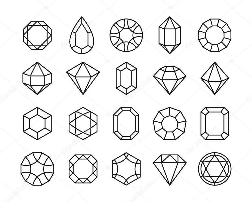 Line gemstones. Treasure diamonds and outlined precious stones, luxury jewelry geometric symbols thin strokes logo design. Vector isolated set. Different expensive gem icons as emerald, sapphire