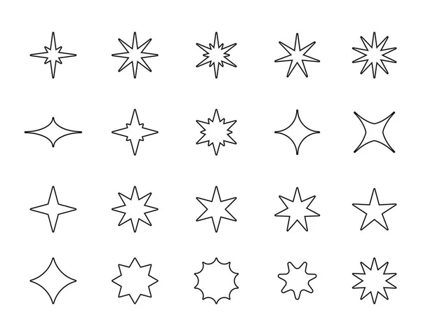 星星线图标 轮廓闪烁着闪耀的光芒 不同类型的幻想天空和星系星象 矢量线形星号符号集合 发光或闪烁的灯 扁平的光 — 图库矢量图片