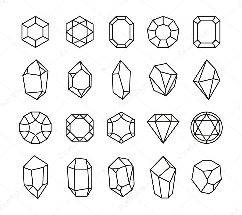 Line natural crystal. Geode outline sketch, mineral quartz line art for logo jewelry design, magic witchcraft symbols. Vector black set. Magical treasure, expensive gems with diamonds, sapphire