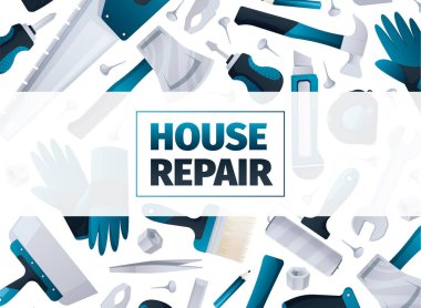 Ev onarım pankartı. Marangoz tasarımı için donanım yenileme ve enstrümanlar, atölye için düz DIY seti. Vektör çizimi. Boya fırçası, kırtasiye bıçağı, inşaat aletleri.