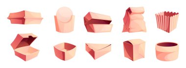 Yiyecek paketini al. Boş fast food karton ambalaj modeli, paket servisi için tek kullanımlık kağıt karton paket. Vektör çizimi. Yemek servisi için poşetler.