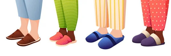 Ноги Тапочках Мультфильм Ноги Различных Видах Тапочек Домашняя Обувь Модные — стоковый вектор
