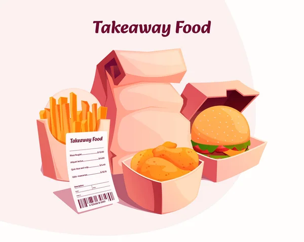 Jedzenie Wynos Kreskówka Restauracja Fast Food Zamówienie Opakowaniem Kartonowym Frytki — Wektor stockowy