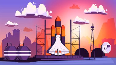 Uzay roketi fırlatma kompozisyonu. Mürettebatı ve kargo roketi olan çizgi film uzay mekiği, uzay keşif konsepti geçmişi. Vektör çizimi. Kozmik görev, istasyondan kalkış, keşif