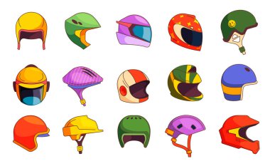 Çizgi film miğferi koleksiyonu. Baş korumalı spor başlık, yarış arabası motosiklet kaskı, ekstrem spor ekipmanları. Vektör ayarlandı. Bisiklet ve motosiklet sürmek için farklı güvenlik ekipmanları