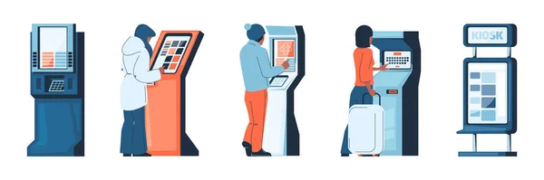 Mensen Bij Digital Kiosk Man Vrouw Ticket Kiosk Online Terminal — Stockvector