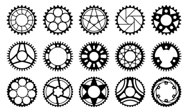 自行车齿轮轮 工厂自行车链轮链轮 工业机构链轮圆盘驱动 矢量图解 运输部件和设备齐全 — 图库矢量图片