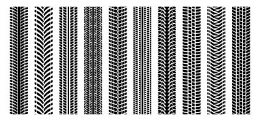 Makine lastik izleri. Motosiklet ve araba lastiği izleri, sokakta toprak lastik izleri rali arabası ve bisiklet için lastik izleri. Vektör izole edildi. Motorlu taşıt yol izi
