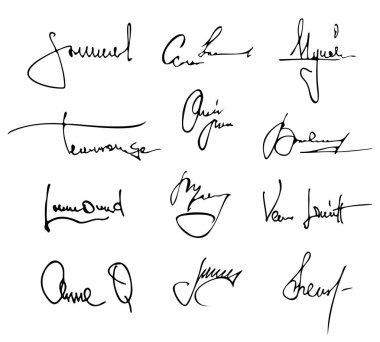 El yazısıyla imzalanmış. Diploma ve sertifika için imza taslağı. Belge vektörü setine el çizimi isim. Resmi yasal anlaşma veya iş belgesi için benzersiz kişisel imza