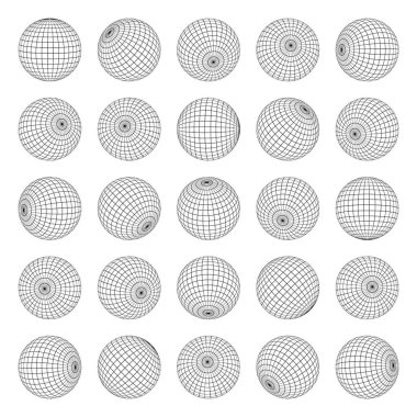 Küre ızgara küreleri. Enlem ve boylam bilgisine sahip dünya haritası topoğrafyası küreleri, dünya coğrafyası doğrusal ağ koleksiyonu. Vektör ayarlandı. Yuvarlak şekiller farklı pozisyonlarda üst ve yan görünümler