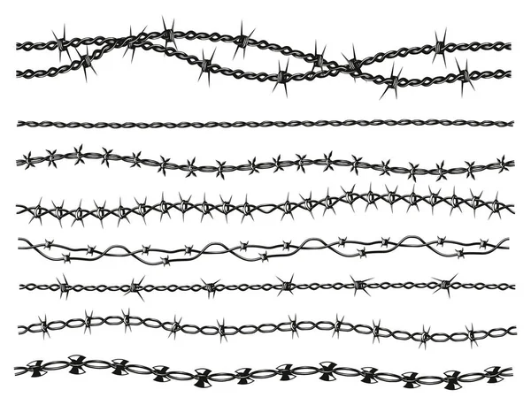 stock vector Razor wire collection. Barbed wire military border, dangerous chain of sharp barbed wire, danger warning silhouette for security concept. Vector set. Prison boundary protection with metal spikes