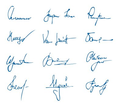 İmza koleksiyonu. El yazısıyla yazılmış mektuplar, yarım yamalak imzalar ve sertifikalar, çeşitli el çizimi semboller. Vektör ayarlandı. İş anlaşması için zarif mavi mürekkep adı.