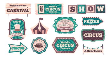 Karnaval afişleri. Komik desenli Retro Sirk afişleri, tiyatro kartı tasarımı için klasik kurdeleler. Vektör ayarlandı. Eğlence şovu için gıdıklama, çadır çıkartması, yol gösteren tabela.