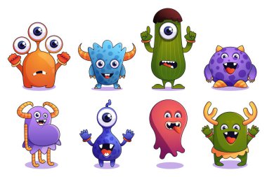 Sevimli canavarlar. Komik gözlü ve ağızlı çizgi film renkli peri yaratığı, düz stil uzaylı hayvan maskotu karakterleri. Hayvansal yaratıkların renkli vektör kümesi. Komik çizimler.