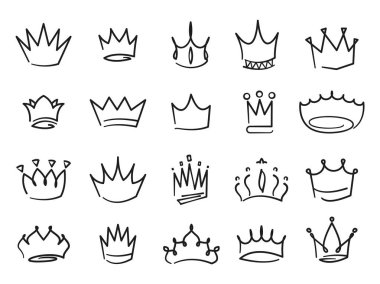 Karalama tacı. Ortaçağ kraliyet tacları, yazı ve el yazması, logo tasarımı için lüks mücevher kraliyet simgeleri. Ortaçağ kraliçesi illüstrasyonunun vektör seti