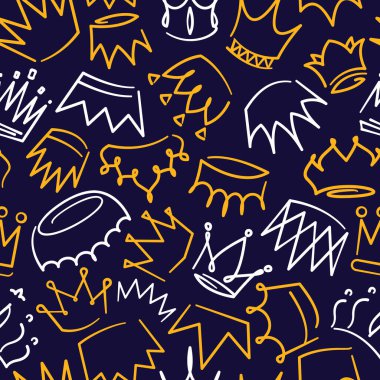 Graffiti taç deseni. Erkek ve kadın kraliyet karikatür sembollerinin kusursuz baskısı, kumaş duvar kağıdı için soyut kral sembolü. Vektör dokusu arkaplan dikişsiz