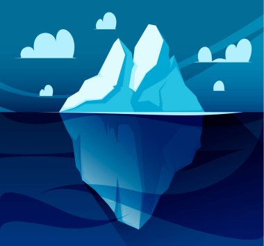 Buzdağı arka planı. Yüzen buz dağının olduğu kış manzarası, kutup buzulunun altındaki karikatür denizi, soğuk su denizaltı manzarası. Kış buzdağının vektör çizimi