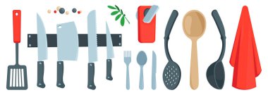Çizgi film çatal bıçak takımı. Mutfak aletleri kaşıkla çatal bıçak süzgeç süzgeç spatulası, delikli spatula, düz pişirme aletleri. Vektör izole mutfak gereçleri çizimi