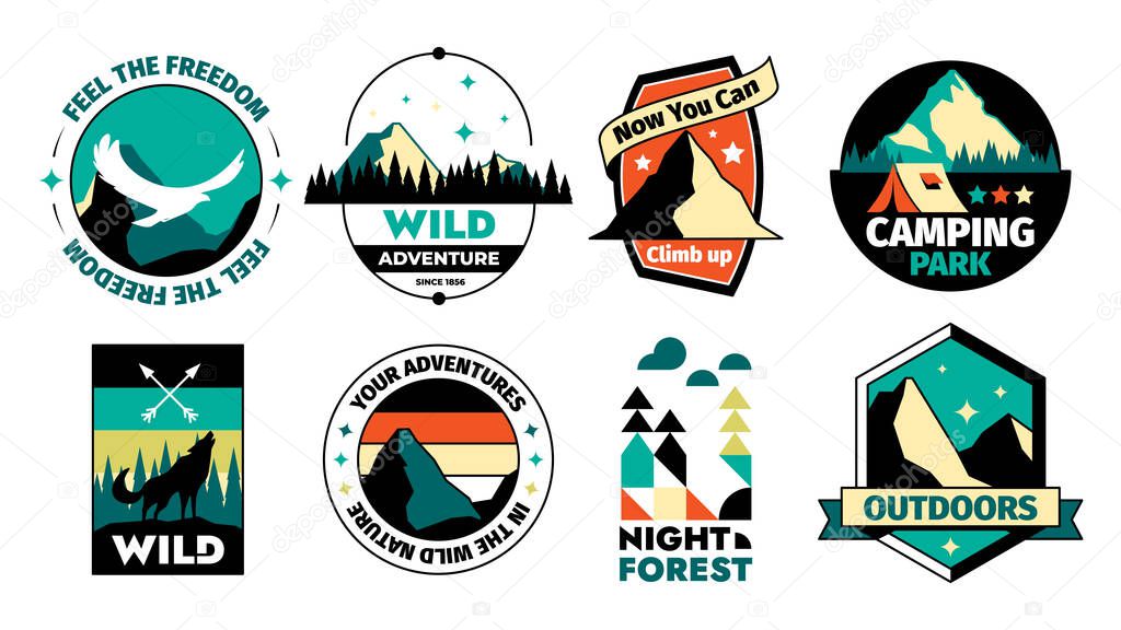Vintage outdoor logo. Premium badge for outdoors recreation, national park reserve sticker, tranquility trip emblem. Vector hipster badge set. Mountain expedition, forest camp with tent