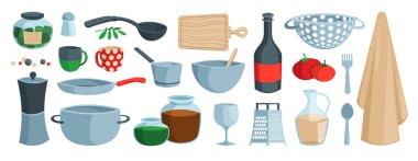 Mutfak aletleri. Çizgi film düz yemek aletleri, ev aletleri, tencere kaşığı çatallı ev hanımı mutfak eşyaları. Mutfak gereçleri koleksiyonu illüstrasyonunun vektör izole takımı