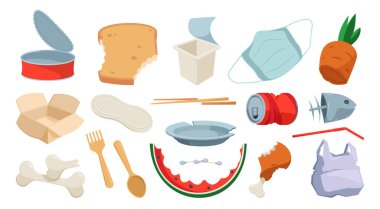 Atık toplama. Çizgi filmlerde atıklar plastik cam ve kağıt, organik atık gübreleme süreci, ekolojik çöp öğütücü. Geri dönüşüm plastik organik illüstrasyonunu izole et