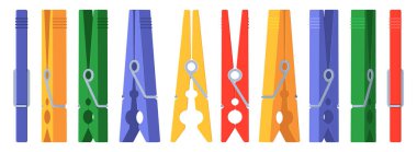 Elbise askıları. Renkli ahşap ve ev çamaşır ipleri için plastik raptiyeler, çamaşır bağlayıcıları düz stil. Giysiler için izole edilmiş çamaşır ipi vektörü, ev işi resimleme