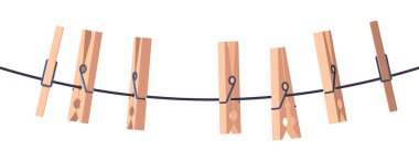 İplere takılmış elbiseler. Metin raptiyeli boş beyaz kağıt, satış duyurusu için klasik yapışkan not pankartı. Tahta ip klipsinin vektör illüstrasyonu