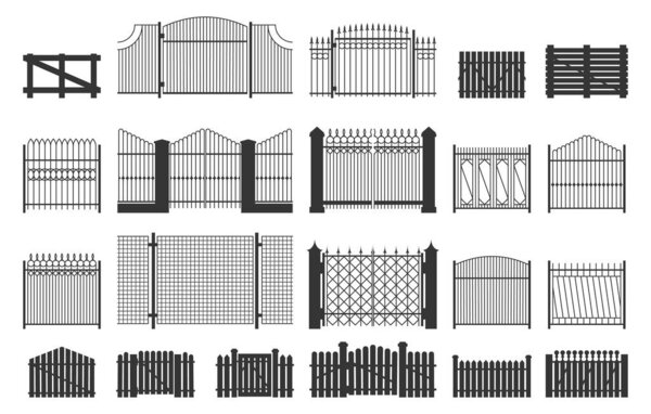 Fence and gate. Decorative ornamental grid metal frames, garden ornamental boundary construction, entrance security concept. Vector isolated set. Private territory protection, outdoor wooden planks