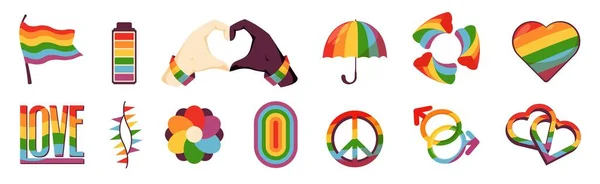 Lgbtq社区标志 一套五颜六色的Lgbt游行标志 时髦的手和旗图标 节日游行意识口号 收集社区爱心和爱心的病媒图解 — 图库矢量图片