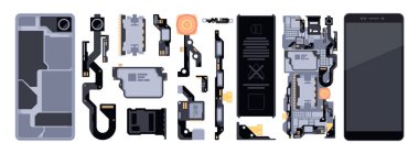 Telefon parçalarını sökmek. Akıllı telefon açık ve kapalı. Kamera ve hafıza elemanları olan mobil cihaz. Elektronik cihaz servisi. Vektör ayarlandı. Cep telefonu bileşenleri, elektronik servis onarılıyor