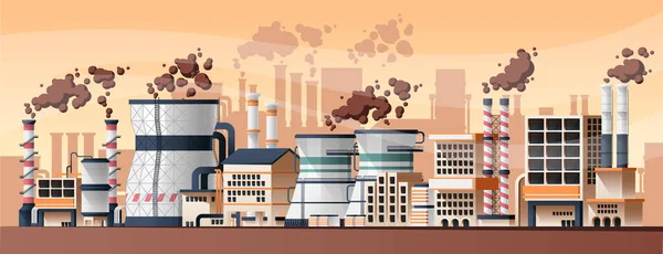 産業工場の風景 発電所と精製所 重工業生産ビル外観を持つ漫画都市 ベクター パノラマ 有害な煙 環境汚染による製造 — ストックベクタ