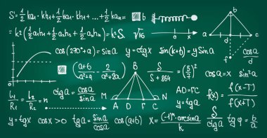 Tahtadaki matematik sembolleri. Matematik denklemi, matematik problemi çözümü ve trigonometri dersi konseptiyle el çizimi karatahta. Tahta okul matematik sembolünün vektör illüstrasyonu