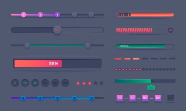 İlerleme çubuğu hazır. Yuvarlak ve kare yükleme göstergeleri, adım numarası gösterge çerçeveleri, ekran ögeleri yükleniyor. İlerleme çubuğu resimlemesinin vektör modern UI ögeleri koleksiyonu