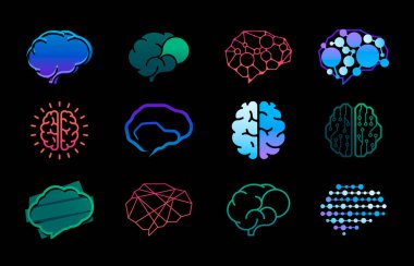 Beyin fikri logosu. İnsan kafasıyla yaratıcı zeka kavramı. Vektör bellek konsantrasyonu ve beyin ikonu fikri yaratıcılık konsepti, zeka zihin illüstrasyonu