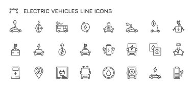 Elektrikli araba hattı simgeleri. Elektrikli araç şarj ve park, hibrit elektrikli araba hattı ve istasyon, ekolojik ulaşım konsepti. Elektrik enerjisi illüstrasyonunun vektör kümesi