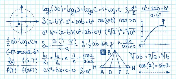 El çizimi matematik sembolleri. Tahta tahtada denklem, integral, trigonometri ve cebirsel hesaplamalar var. Kurul illüstrasyonunda izole edilmiş matematik seti