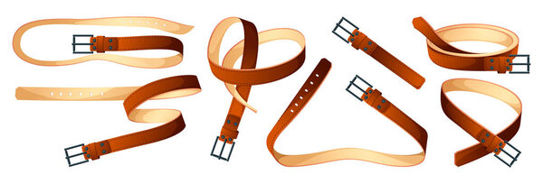 Кожаные ремни. Мужчина и женщина талии аксессуары, мода мужчины и женщины цепи заклепки кисточка плоский стиль. Векторный изолированный набор кожаных аксессуаров