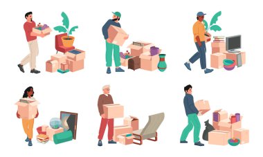 Kutularla dolu bir aile yeri. Kutular ve sandıklarla paket taşıma, aile üyeleri eşya ve kutu yığınlarıyla taşınma. Vektör çizimi. Kadın ve erkek karakterler bir şeyler taşıyor.