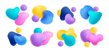 Renkli organik renkler. Çeşitli yansımaları ve etkileri olan soyut organik elementler. Asgari fantezi yaratıcı unsurlar. Vektör izole koleksiyonu. Canlı soyut sıçramalar ve küreler ayarlandı