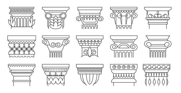 Ancient architectural details. Ancient relief sculpture and classical architecture style, antique mediterranean building facade decoration. Vector isolated set. Creative and elegant construction