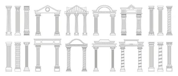 Ancient line columns. Antique doodle style roman architecture pillars with decorative elements, outline greek columns. Vector collection. Creative arch design isolated set. Old classical objects
