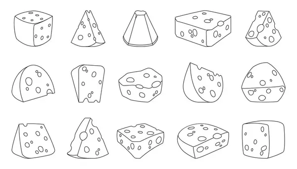 Cheese Line Icons Slices Pieces Blocks Old Farm Cheese Outline — Stock Vector