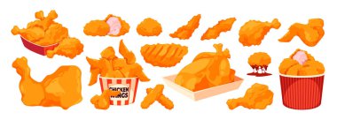 Çizgi filmdeki tavuk fast food. Lezzetli kızarmış tavuk, lezzetli nugget ve kızarmış aperatif, kafe servisi ve restoran yemeği. İzole edilmiş tavuk eti seti. Lezzetli çizimler.