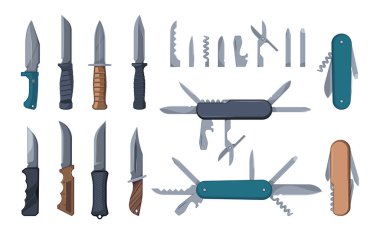 Bıçaklar ve çoklu aletler. Kauçuk kabzalı kerpeten şişeleri açmak, düzüşmek, kesmek, budamak için karikatür işçisi aleti. Bıçak aletinin vektör kümesi çizimi