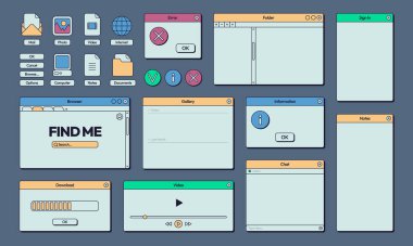 Retro arayüz. 80 'lerin bilgisayar ve internet kullanıcı arayüzü elemanları, modaya uygun çerçeveler ve düğmeler. 90 'lar ve 80' ler arayüz pencere resimlemesinin vektör iletisi ve çağrı arayüzü