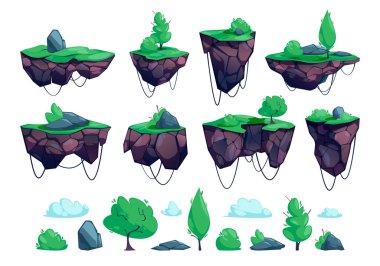 Yüzen oyun sahası. Karikatür kaya çimleri nehir ve hava, 2B oyun ve uygulama için yüzen seviye tasarım. Taşlı vektör manzarası ve uçan oyun platformu illüstrasyonunun çimenleri