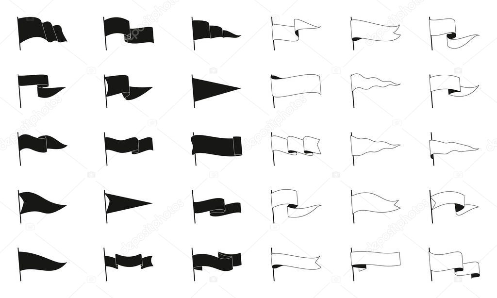 Retro black pennant flags. Outline knight heraldic triangular wavy pennants and flags for camping, wilderness and travel map decoration. Vector flat set of flag outline pennant illustration